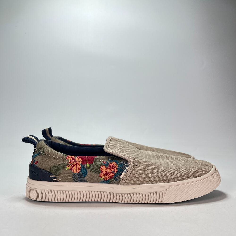 TOMS TRVL LITE Tan Navy Tropical Floral Canvas Casual Slip On Shoes Women's Sz 9